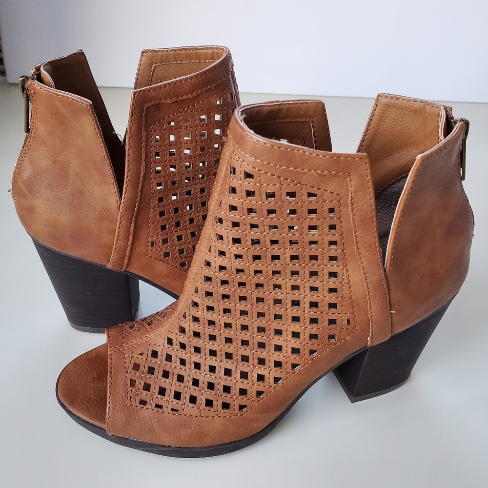 Open toe block heel back zip perforated faux leather suede ankle bootie